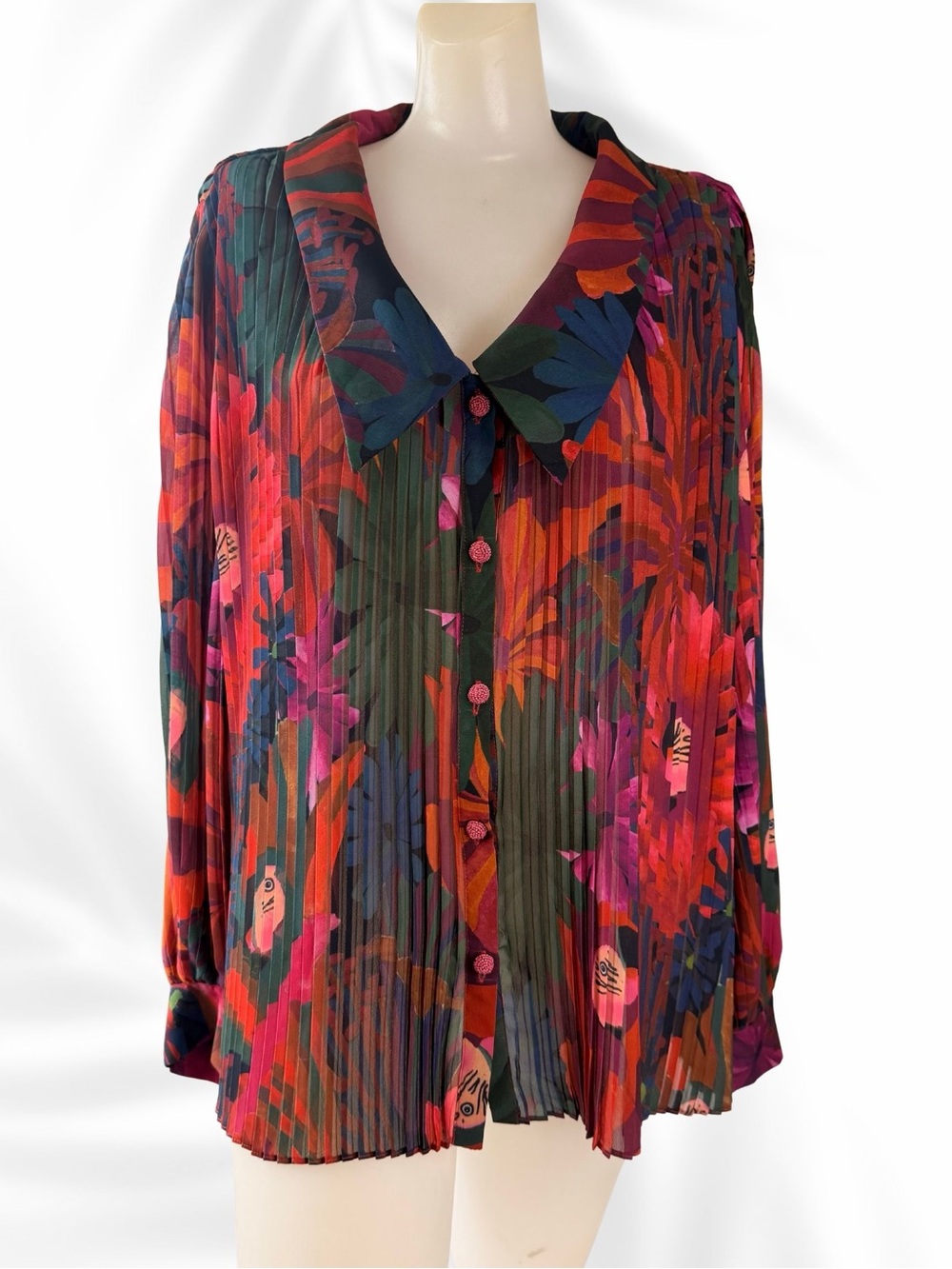 FARM Rio Pleated Floral Trooical Long sleeve Button Front Blouse size L